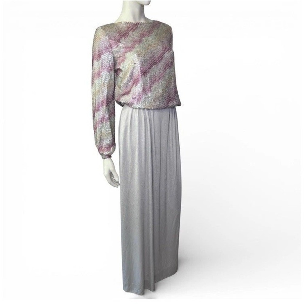 Malcom Starr Vintage 70's Ombré Pink & Silver Sequin Top And Maxi Skirt Gown M